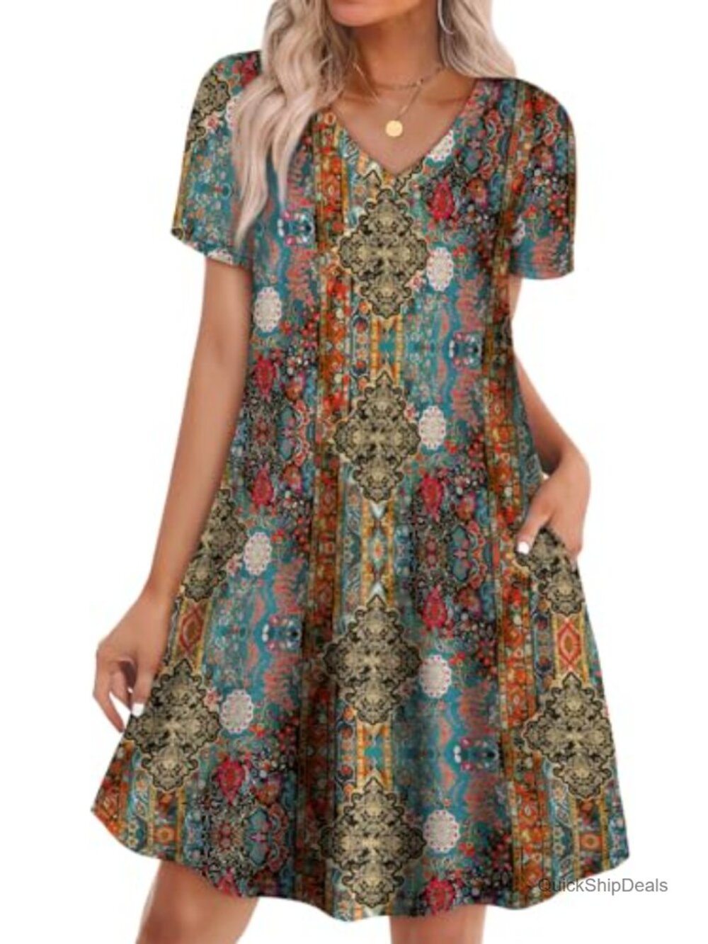 Boho Summer T Shirt Dress A-Line V-Neck Short Sleeve with Pockets Casual Beach